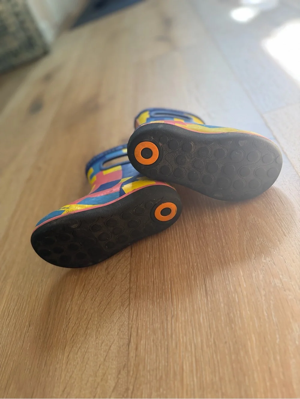 Bogs Kids Navy Rain Boots with Yellow & Red Geometric Print